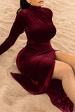 Bordeauxrode elegante effen patchwork hoge opening rechte jurken met col