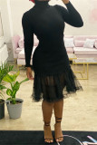 Zwarte mode-casual effen patchwork-jurken met col en lange mouwen