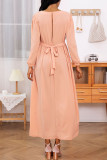 Orange-rosa, lässige, elegante, solide Patchwork-Kleider mit O-Ausschnitt und A-Linie