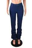 Jeans jeans azul escuro fashion casual com dobra sólida cintura alta