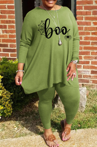 Green Casual Print Patchwork O Neck Plus Size Two Pieces