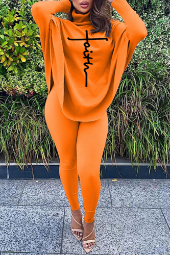 Orange Casual Letter Print Asymmetrical Turtleneck Long Sleeve Two Pieces