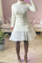 ホワイトファッションカジュアルソリッドパッチワークタートルネック長袖ドレス