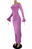 Púrpura moda sexy sólido doblar fuera del hombro vestidos de manga larga