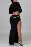 Zwarte mode sexy effen uitgeholde spleet O-hals jurken met lange mouwen (zonder tailleketting)