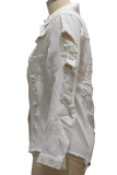 Chaqueta de mezclilla recta de manga larga rasgada sólida casual blanca