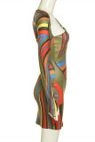 Kleur Mode Sexy Print Asymmetrische Schuine Kraag Jurken met Lange Mouwen