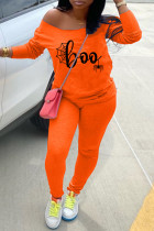 オレンジ ファッション カジュアル プリント ベーシック 斜め襟 長袖 ツーピース