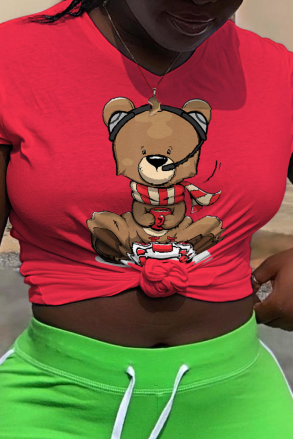 T-shirts à col rond en patchwork de personnage mignon Red Street