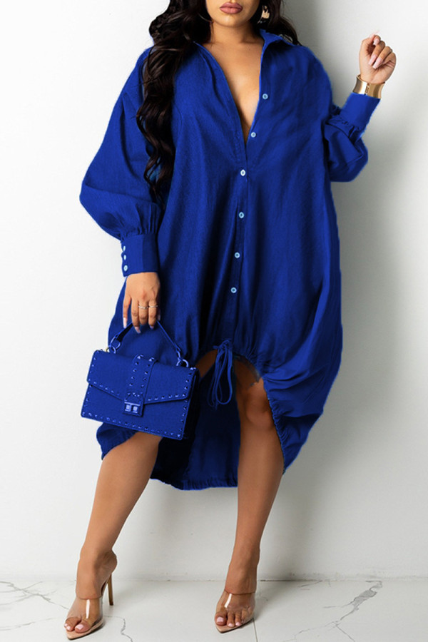 Vestidos de manga comprida azul moda casual patchwork básico com gola aberta