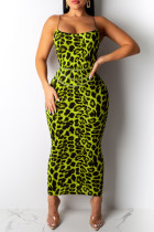 Robe à bretelles à imprimé léopard sexy vert fluo (sans chaîne de taille)
