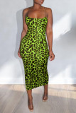 Fluorescerande grön Sexig mode leopardtryck hängselklänning (utan midjekedja)