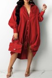 Rose Red Fashion Casual Patchwork Basic Turndown-Kragen Langarm-Kleider