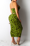 Vestido Suspensório Verde Fluorescente Sexy Fashion Estampado de Leopardo (Sem Corrente na Cintura)