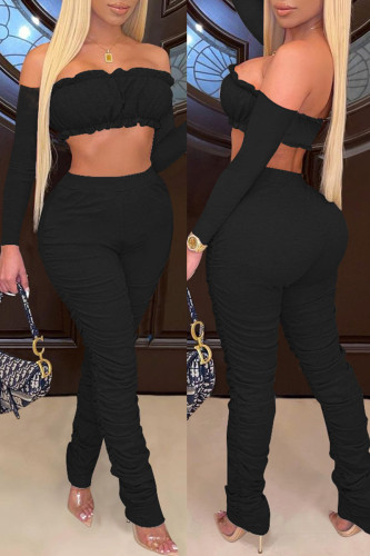Black Fashion Sexy Solid Backless Fold Off the Shoulder Long Sleeve Two Pieces