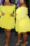 Gelb Mode Sexy Bateau-Ausschnitt Langarm-Rüsche-Hülsen-festes Kleid in Übergröße