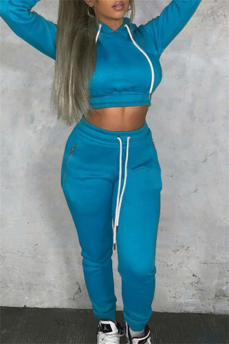 Blue Casual Bandage Hooded Collar Long Sleeve Crop Sweatshirt And Skinny Pants Two Pieces Jogger Sets