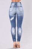 Vaqueros de mezclilla pitillo de cintura alta rasgados sólidos casuales de moda azul claro