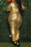 Золотые сексуальные однотонные рваные лоскутные платья с круглым вырезом и юбкой на один шаг