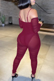 Red Fashion Sexy Patchwork See-through Backless Off the Shoulder Skinny Jumpsuits