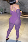 Purple Fashion Sexy Patchwork See-through Backless Off the Shoulder Skinny Jumpsuits