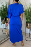 Blaues, modisches, lässiges, solides, unregelmäßiges Patchwork-Kleid mit schrägem Kragen