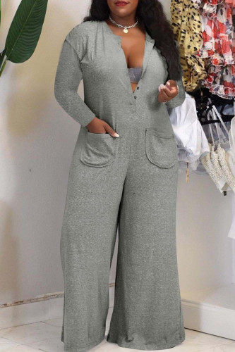 Grey Fashion Casual Solid Pocket V Neck Plus Size Jumpsuits