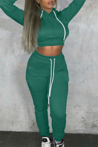 Ink Green Casual Bandage Hooded Collar Long Sleeve Crop Sweatshirt And Skinny Pants Two Pieces Jogger Sets