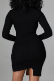 黒のセクシーなソリッドくり抜かれたパッチワーク小帯非対称Oネックワンステップスカートドレス