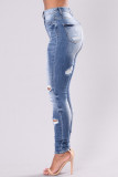 Ljusblå Mode Casual Solid Ripped High Waist Skinny Denim Jeans