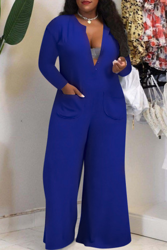 ブルー ファッション カジュアル ソリッド ポケット V ネック プラス サイズ ジャンプスーツ