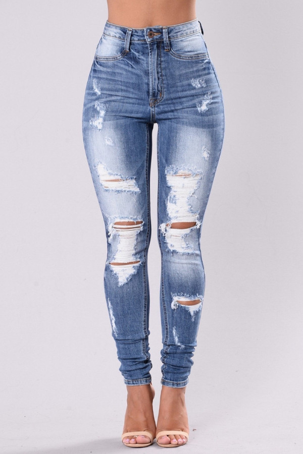 Jeans skinny skinny casual fashion casual sólido rasgado claro