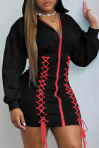 黒のファッションカジュアル固体包帯パッチワークフード付き襟長袖ドレス