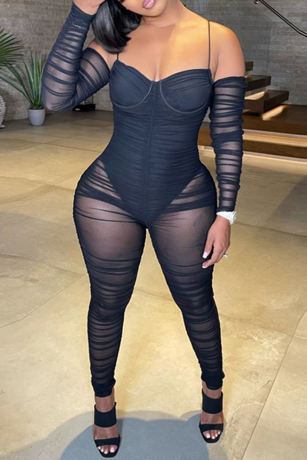 Macacão skinny preto fashion sexy patchwork transparente sem costas fora do ombro
