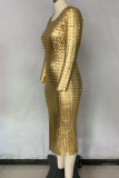 Vestidos de falda de un paso con cuello en O y retales rasgados sólidos sexy dorados