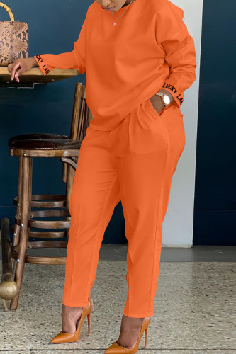 Orange Fashion Casual Letter Embroidery Solid Color O Neck Long Sleeve Two Pieces