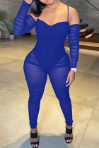 Синие модные сексуальные лоскутные прозрачные узкие комбинезоны с открытой спиной и открытыми плечами
