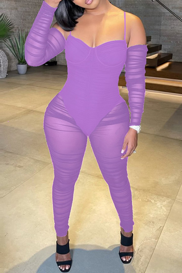Фиолетовые модные сексуальные лоскутные прозрачные узкие комбинезоны с открытой спиной и открытыми плечами