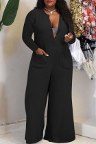 Macacão preto moda casual com decote em V e decote em tamanho grande
