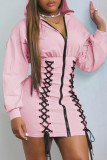 Roze mode casual effen bandage patchwork jurk met capuchon en lange mouwen