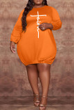Оранжевые модные повседневные платья больших размеров с круглым вырезом и длинным рукавом с принтом