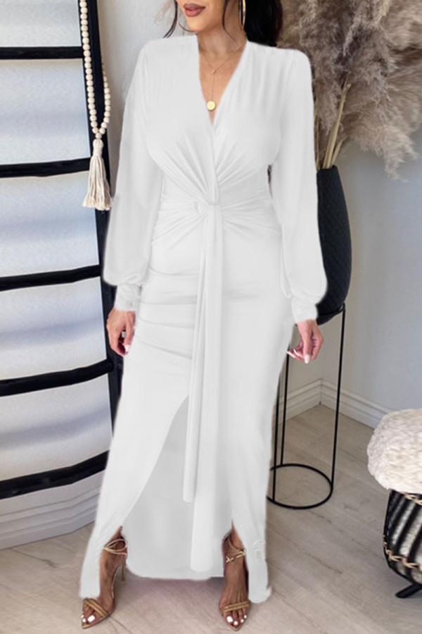 ホワイト ファッション カジュアル ソリッド バンデージ V ネック ロング スリーブ ドレス