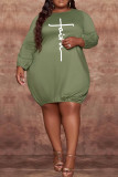 Grönt mode Casual Print Basic O-hals långärmade klänningar i plusstorlek