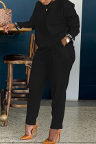 Черная мода повседневная вышивка буквами сплошной цвет с круглым вырезом с длинным рукавом из двух частей