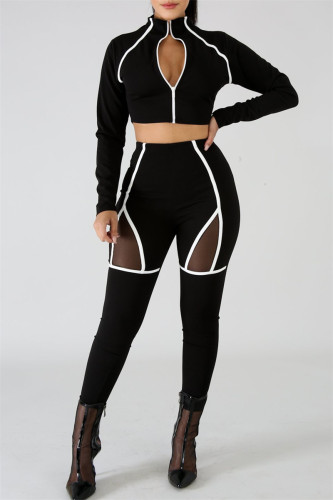 White Casual Sportswear Patchwork See-through Zipper Collar Long Sleeve Two Pieces