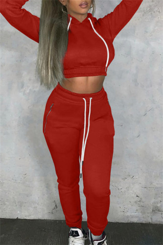 Red Casual Bandage Hooded Collar Long Sleeve Crop Sweatshirt And Skinny Pants Two Pieces Jogger Sets