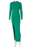 Green Sexy Casual Solid Backless Slit O Neck Long Sleeve Dresses