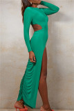 Green Sexy Casual Solid Backless Slit O Neck Long Sleeve Dresses