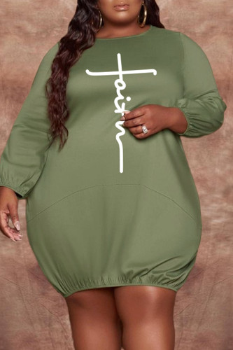 グリーンファッションカジュアルプリントベーシックOネック長袖プラスサイズのドレス