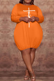 Orange Mode Casual Print Basic O Neck Långärmad Plus Size Klänningar